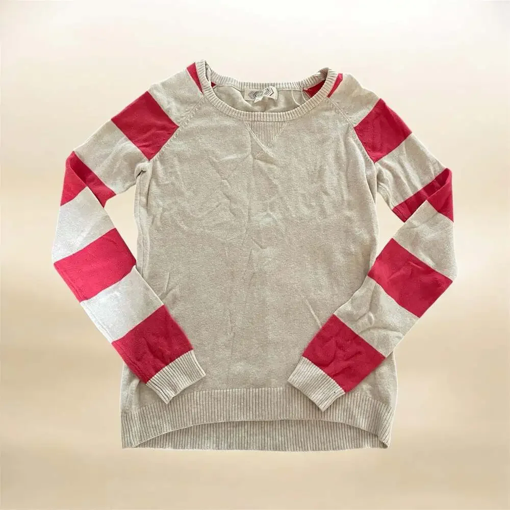 Pink Rose Cream and Red Striped Crewneck Pullover Sweater